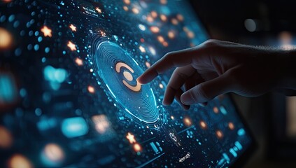 Interactive futuristic interface with a finger touching a central control dial