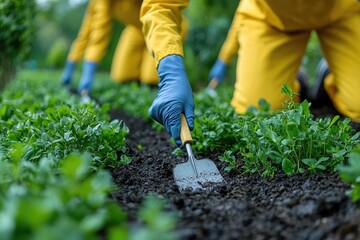 Planting vegetables. Gardeners working soil with hand trowels, wearing gloves and yellow suits