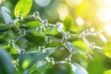 Molecular structure and green leaves intertwine symbolizing the connection between science and nature