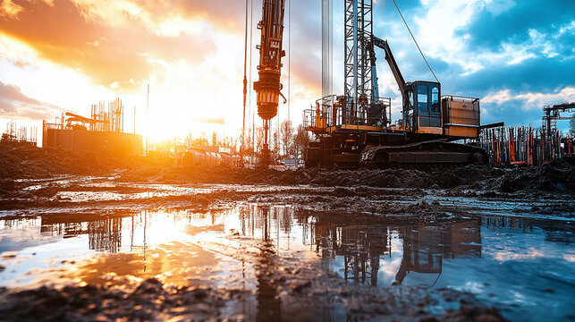 Heavy machinery drilling for artesian well water supply, showcasing water and soil displacement