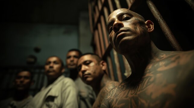 Defiant serious Group of hispanic tattooed gang member inmates posing in jail looking at camera