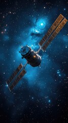 Space station with solar panels orbits amongst a colorful nebula in a starry sky