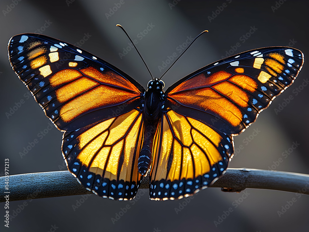 Poster vivid butterfly perched on a twig its wings vibrant with orange and black patterns under soft illumi