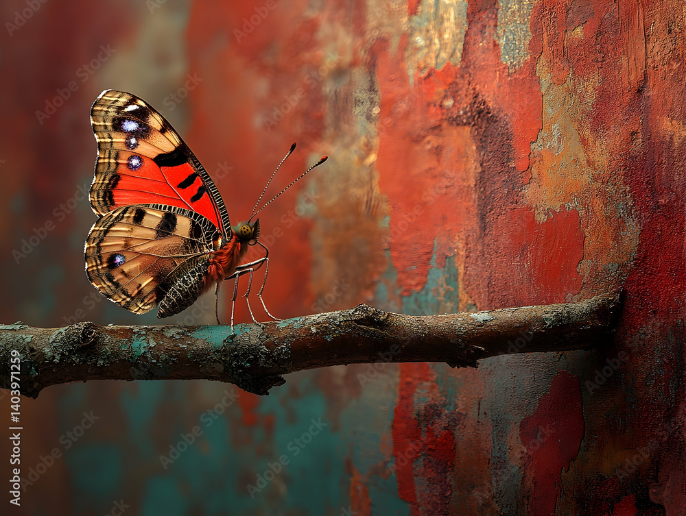 Poster vivid butterfly perched on weathered branch before a textured rusty colored backdrop