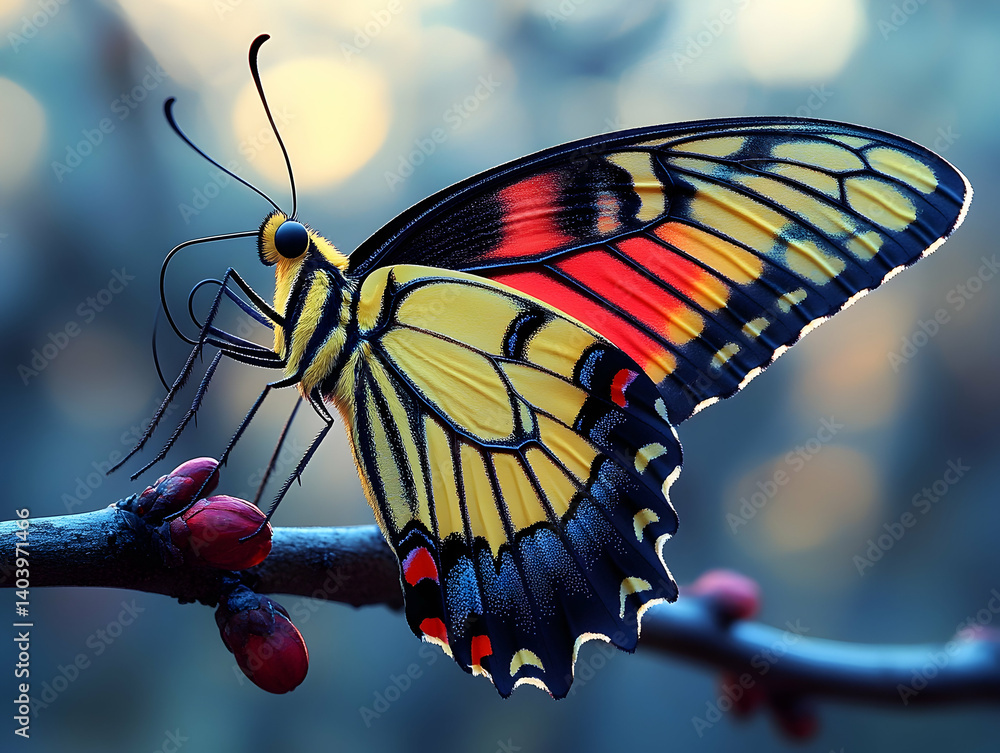 Poster vivid butterfly rests on a branch wings displaying intricate patterns of yellow red and black hues