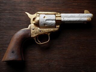 An ornate golden revolver on a wooden surface.