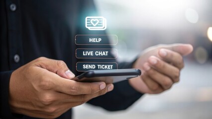 Digital Aid: A person interacts with a modern smartphone interface, showcasing a streamlined support system with the interactive help buttons for customer care.