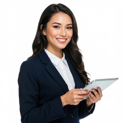 Woman with tablet smiling on white background