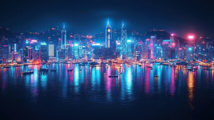 Fototapeta premium Neon Hong Kong Nightscape: Vibrant City Skyline Reflected in Calm Waters