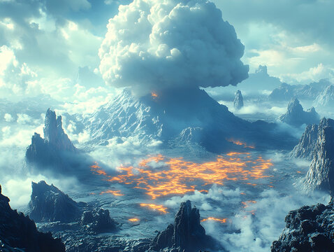Volcanic landscape with a large, cumulus cloud