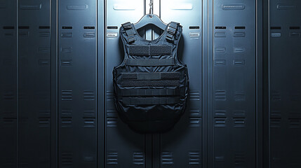 A sleek, black tactical vest hangs centered on a set of lockers. The image evokes themes of preparedness, law enforcement, or military readiness.