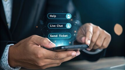 Digital Customer Support: A person's hand skillfully interacts with a smartphone interface, illuminating options for "Help," "Live Chat," and "Send Ticket.