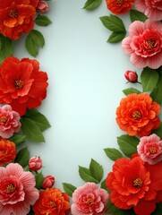 Fototapeta premium Floral frame with red, pink, and orange flowers and green leaves.