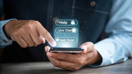 Customer Support Options on Smartphone: A close-up view of a hand holding a smartphone with a digital interface showcasing customer support options like "Help," "Live Chat," and "Send Ticket.