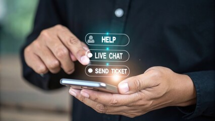 Digital Help Desk: A hand taps the 'Live Chat' button on a sleek smartphone, showcasing an intuitive digital help desk interface. The screen illuminates with blue.