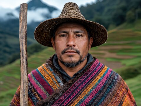 Portrait of an indigenous man in traditional clothing.