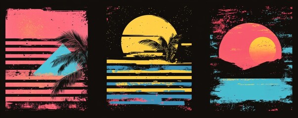 Set of retro futurism years, Vintage Striped prints. T-shirt Design in the 80s - 90s. Eighties style. Fashionable forms for merch and t-shirts. , Generative AI