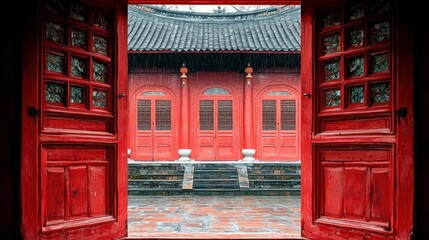 Fototapeta premium Red Doors to Tranquility: A Glimpse into a Serene Temple Courtyard