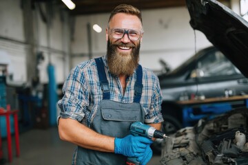 Smiling auto mechanic holding drill fixing vehicle in garage