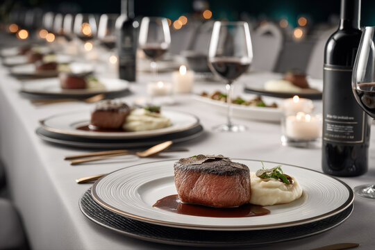 Close-up of beef tenderloin medallions topped with freshly shaved black truffle, served with truffle mashed potatoes and red wine jus on a white ceramic plate, elegant fine dining setup