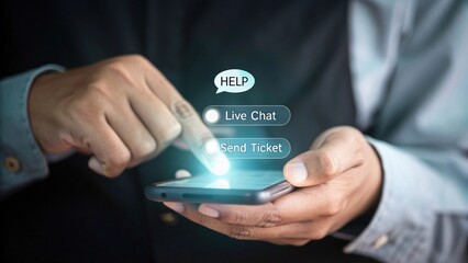 Digital Support Request: A close-up of a hand interacting with a smartphone, displaying a virtual interface with options for digital support, reflecting modern customer service trends. 