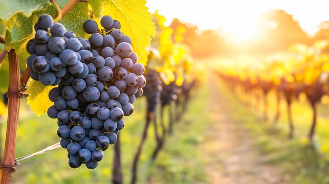 A cluster of ripe dark grapes hangs from a vine in a vineyard at sunset - Powered by Adobe