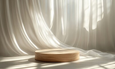 Empty modern round wooden podium side table in soft white blowing drapery curtain drapes in sunlight for luxury cosmetic, skincare, beauty treatment, fashion product display background, Generative AI