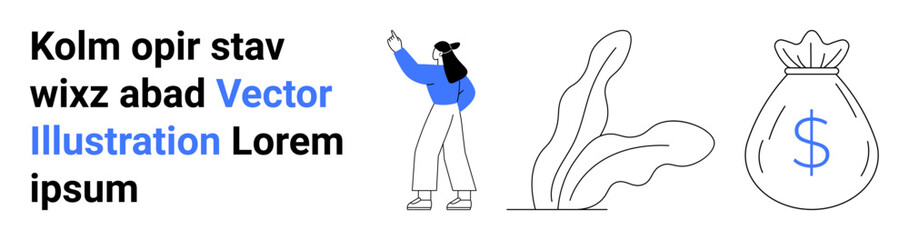 Woman gesturing upward, leafy plants, and a money bag with a dollar symbol. Ideal for finance, savings, investment, business planning, growth, economy simple landing page