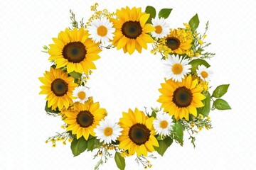 a sunflower and daisy wreath, bright and cheerful with natural textures, isolated on transparent PNG background