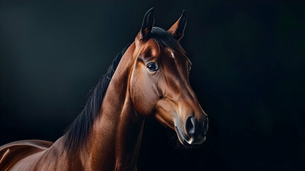 Fototapeta premium Close Up Portrait Of A Brown Horse Against Dark Background
