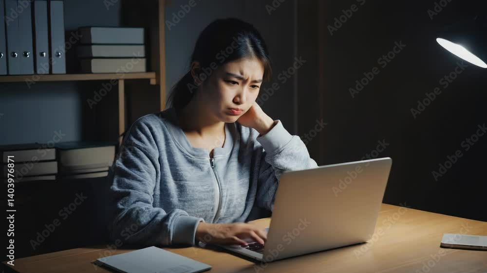 Poster a person sitting at a desk with a laptop, possibly working or browsing online.