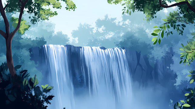 Misty veil rises from the base of a sprawling waterfall , athirappalli waterfall, tree canopies, foliage. Sleepwoven Veil. Illustration