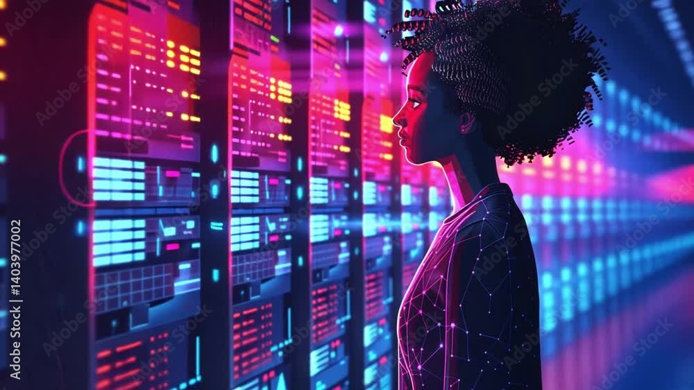 Poster a woman stands in front of glowing data panels, captivated by the vibrant colors and information dis