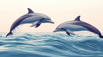 Obraz premium Two Dolphins Leaping Joyfully Over Ocean Waves