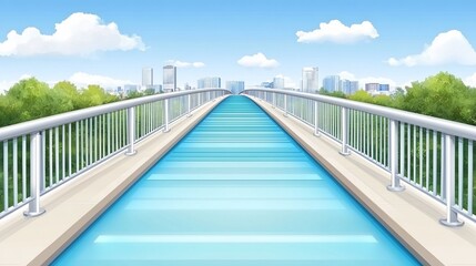 Fototapeta premium Urban bridge walkway, perspective view, modern design, clear blue sky, cityscapes