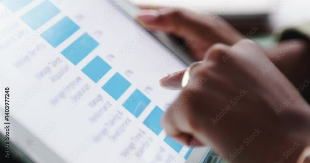 Poster Hands, tablet and screen with finance, graphs and review for company sales or data analysis in office. Tech, ux and person for report of statistics, revenue and profit with ui and business analytics