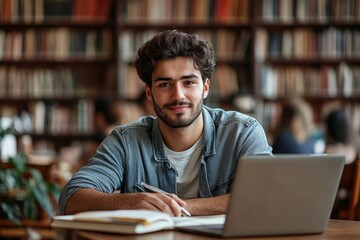 Latin student guy sitting in front of laptop and holding copybook, showcasing focused and traditional study approach with modern tools in library, Generative AI