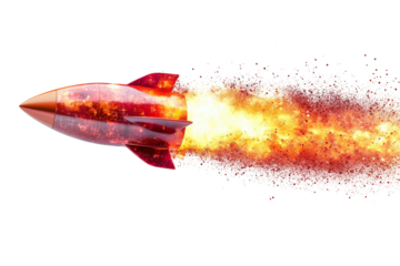 A vibrant red and gold rocket speeds through the blackness leaving a trail of fiery exhaust