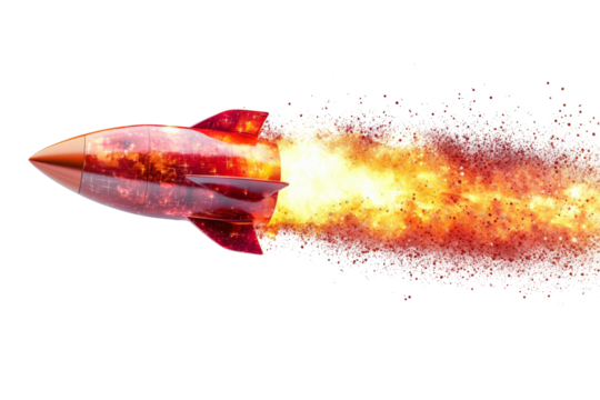 A vibrant red and gold rocket speeds through the blackness leaving a trail of fiery exhaust