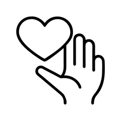 Heart in hand vector icon illustration showing love care support and charity donation simple line art