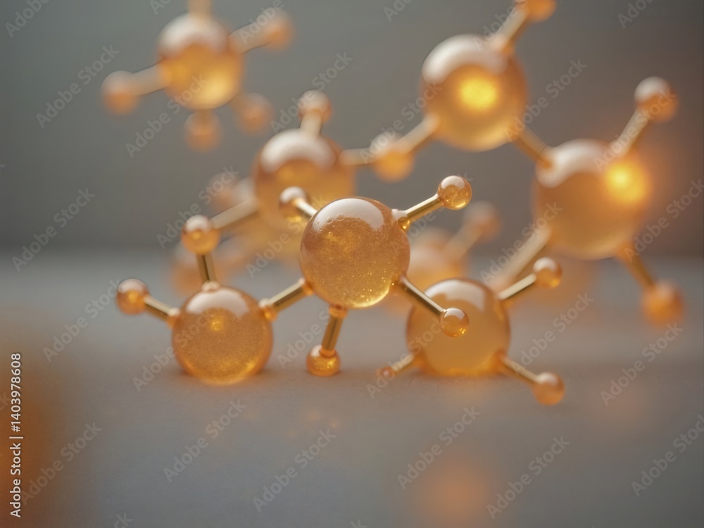 Poster abstract molecular structure with orange and gold spheres creating a network on a light gray surface