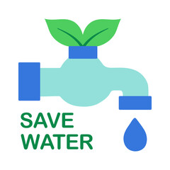 Flat style sticker showing a faucet with a water drop and 