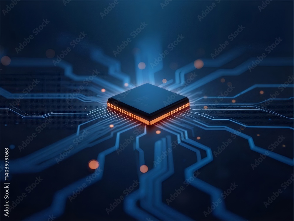 Poster centralized digital processor with blue circuitry lines illuminated against dark background