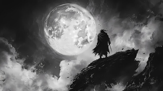 Mysterious hexer casts ominous curse under ethereal moonlit skies. Eldritch Grimoire. Illustration