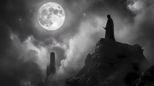 Mysterious hexer casts ominous curse under ethereal moonlit skies. Eldritch Grimoire. Illustration