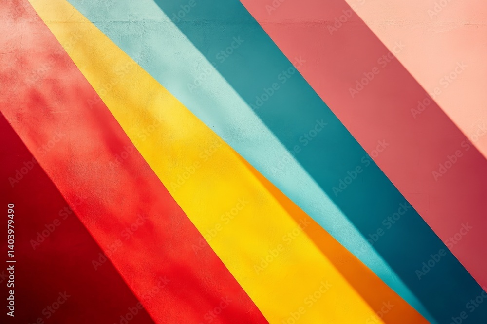 Poster striking diagonal bands of vibrant colors casting dynamic shadows on a textured surface