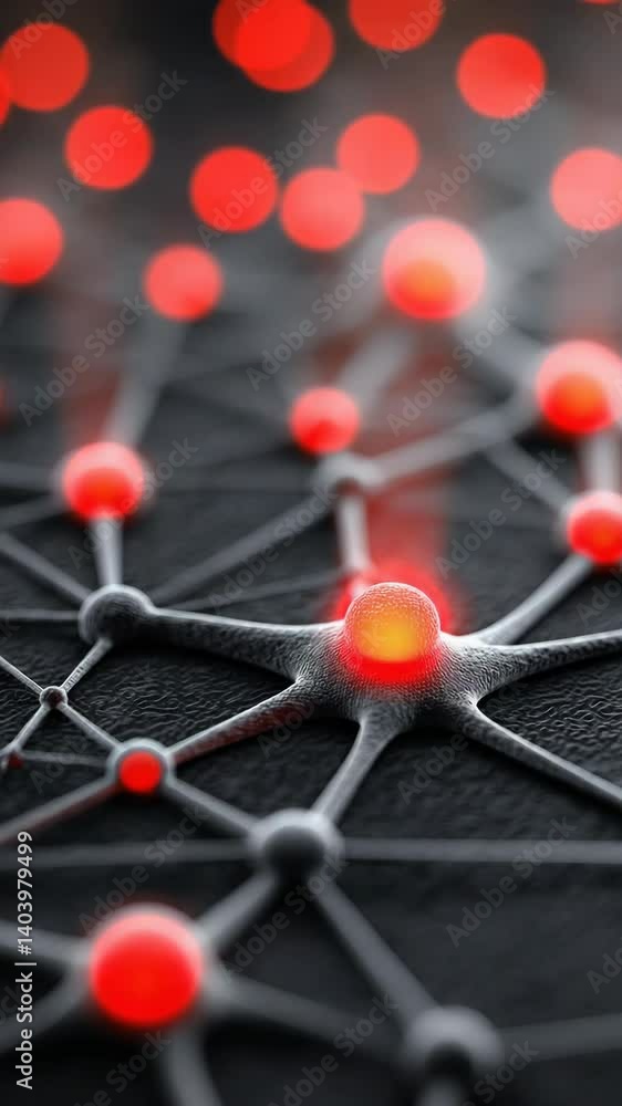 Poster abstract network with glowing red nodes connected by dark lines, shallow focus