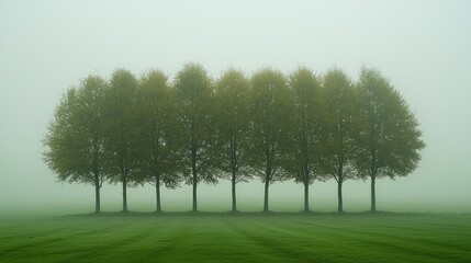 Fototapeta premium Misty Morning: Seven Trees in Serene Fog