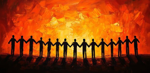 A lively painting depicting a varied group clasping hands against a large heart background, rendered in an abstract, hyper-realistic manner