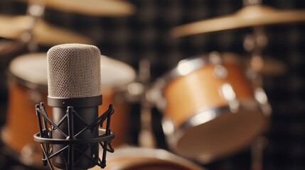 Podcast audition studio with recording setup and drum background creative space indoor medium angle sound production